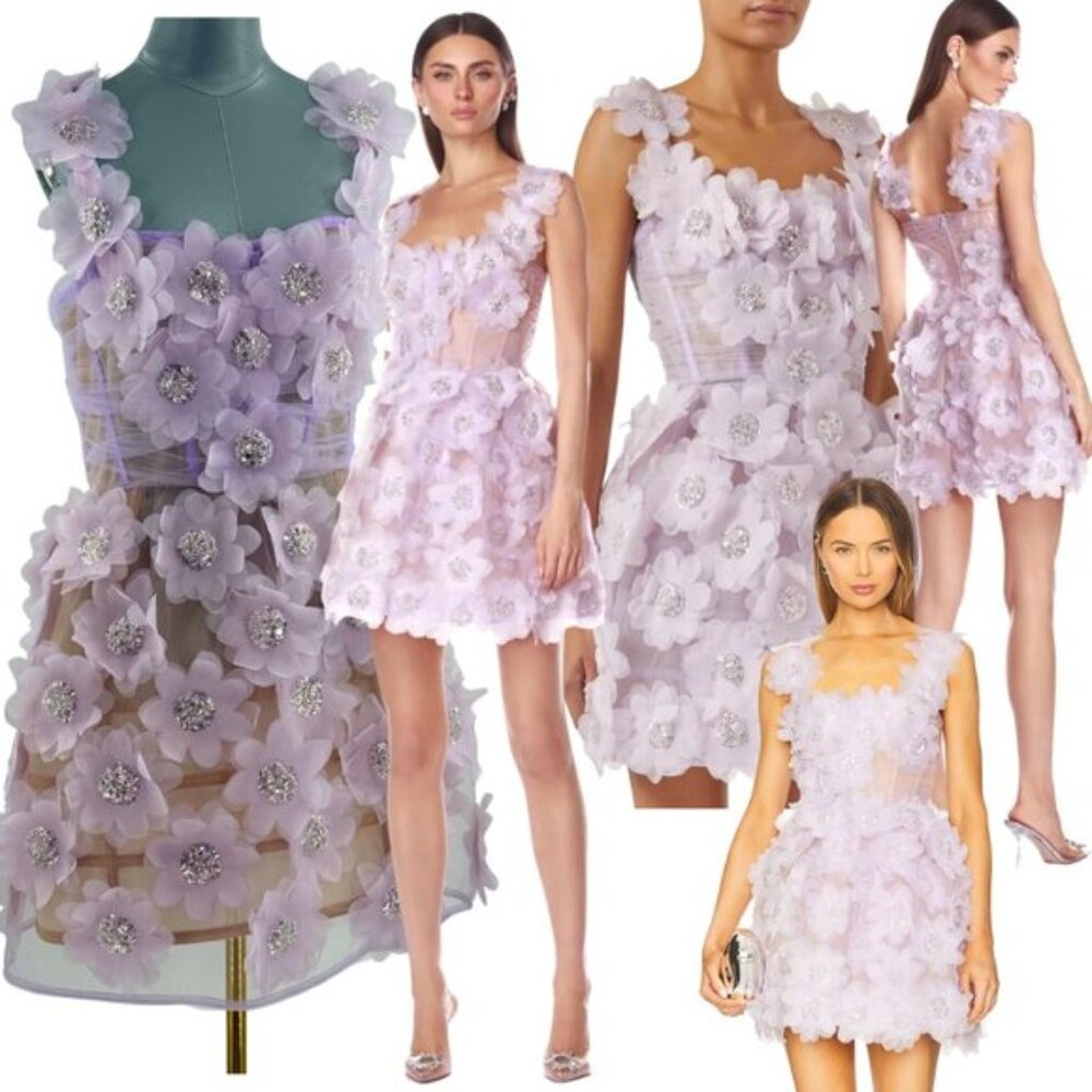 🆕 BRONX & BANCO 🧿 NWOT Rosalie Floral-Appliqué Mini Dress, Lavender, Sz L US 8